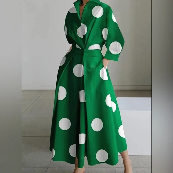 🔵”NWT” CURVY Green & White Polka Dot Faux Wrap Dress - Picture 3 of 7